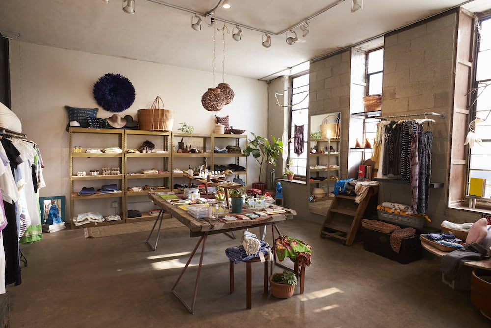 Interior of a boutique shop selling clothes and accessories