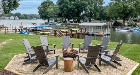 firepit and view of water at lake norman vacation rental