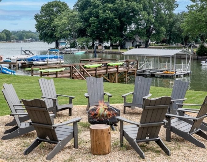 firepit and view of water at lake norman vacation rental