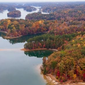 Aerial View of Fall Colors on Lake Norman in North Carolina