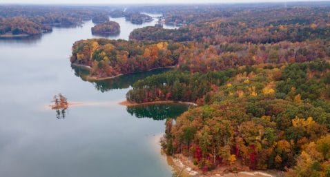 Aerial View of Fall Colors on Lake Norman in North Carolina