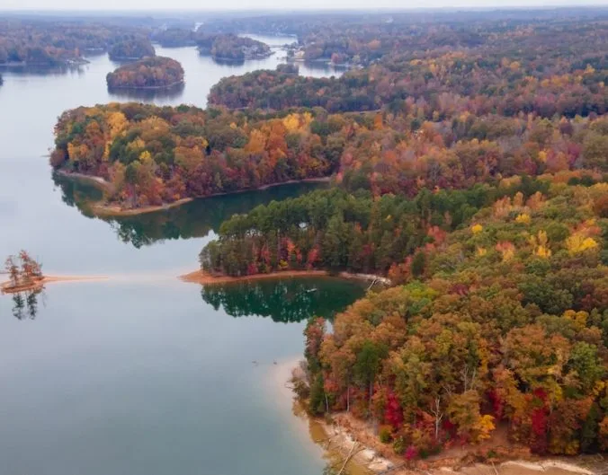 Aerial View of Fall Colors on Lake Norman in North Carolina
