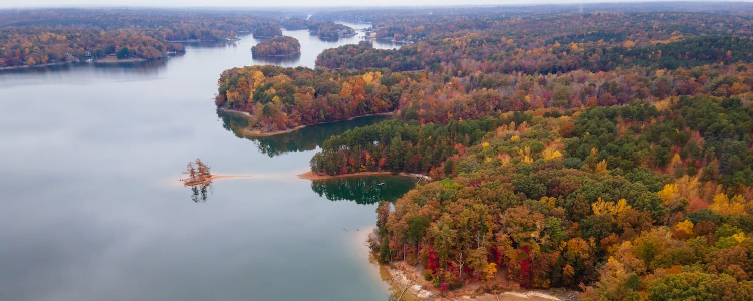 Aerial View of Fall Colors on Lake Norman in North Carolina